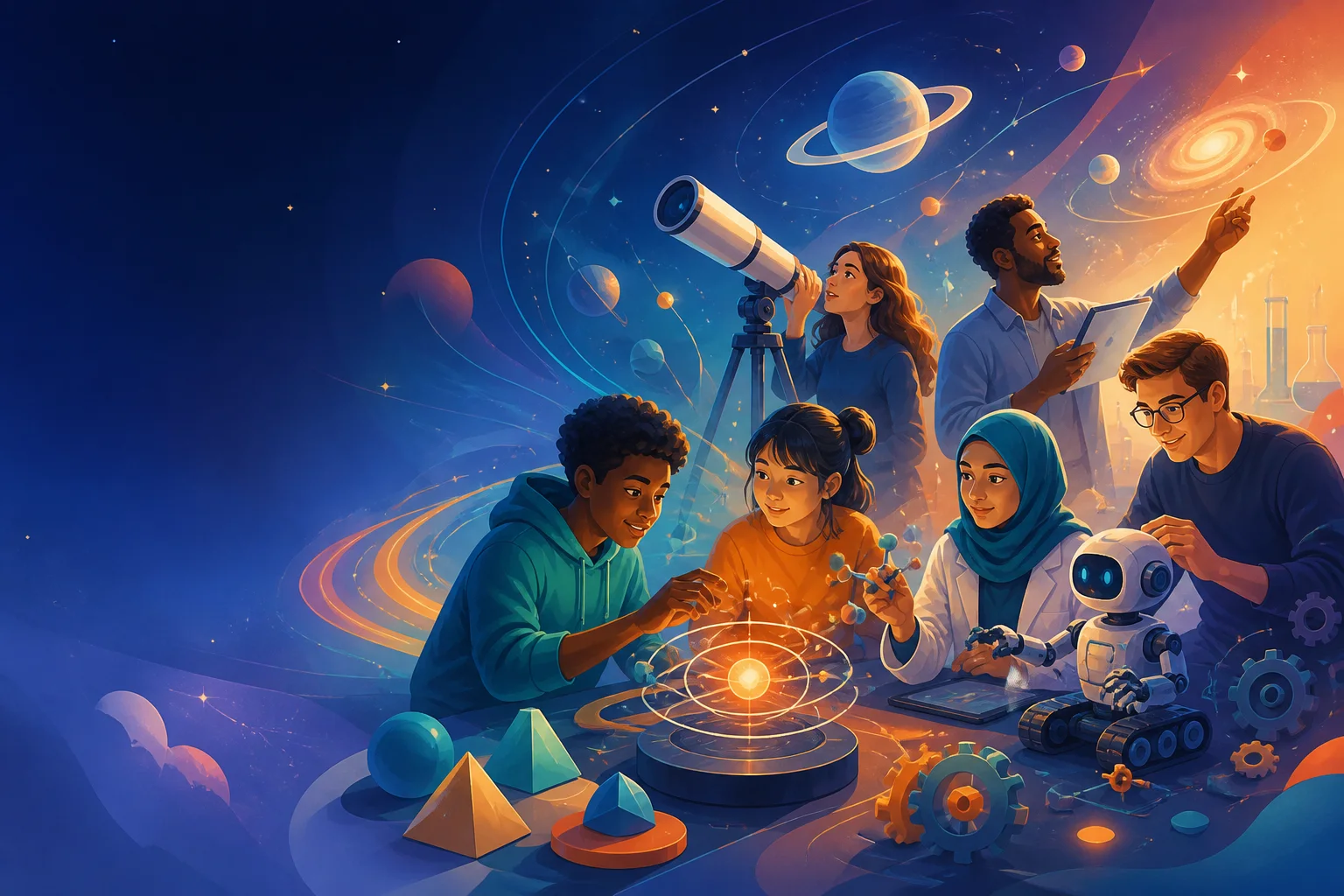 Learners of different ages exploring astronomy, molecules, geometry, robotics, and engineering together.